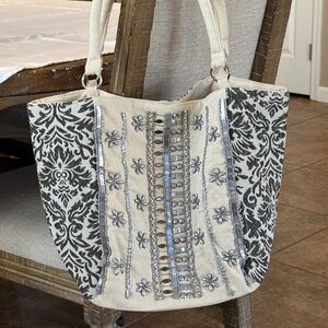 Stephanie Nicole New York Beaded Canvas Tote | Damask Tapestry & Beading NEW